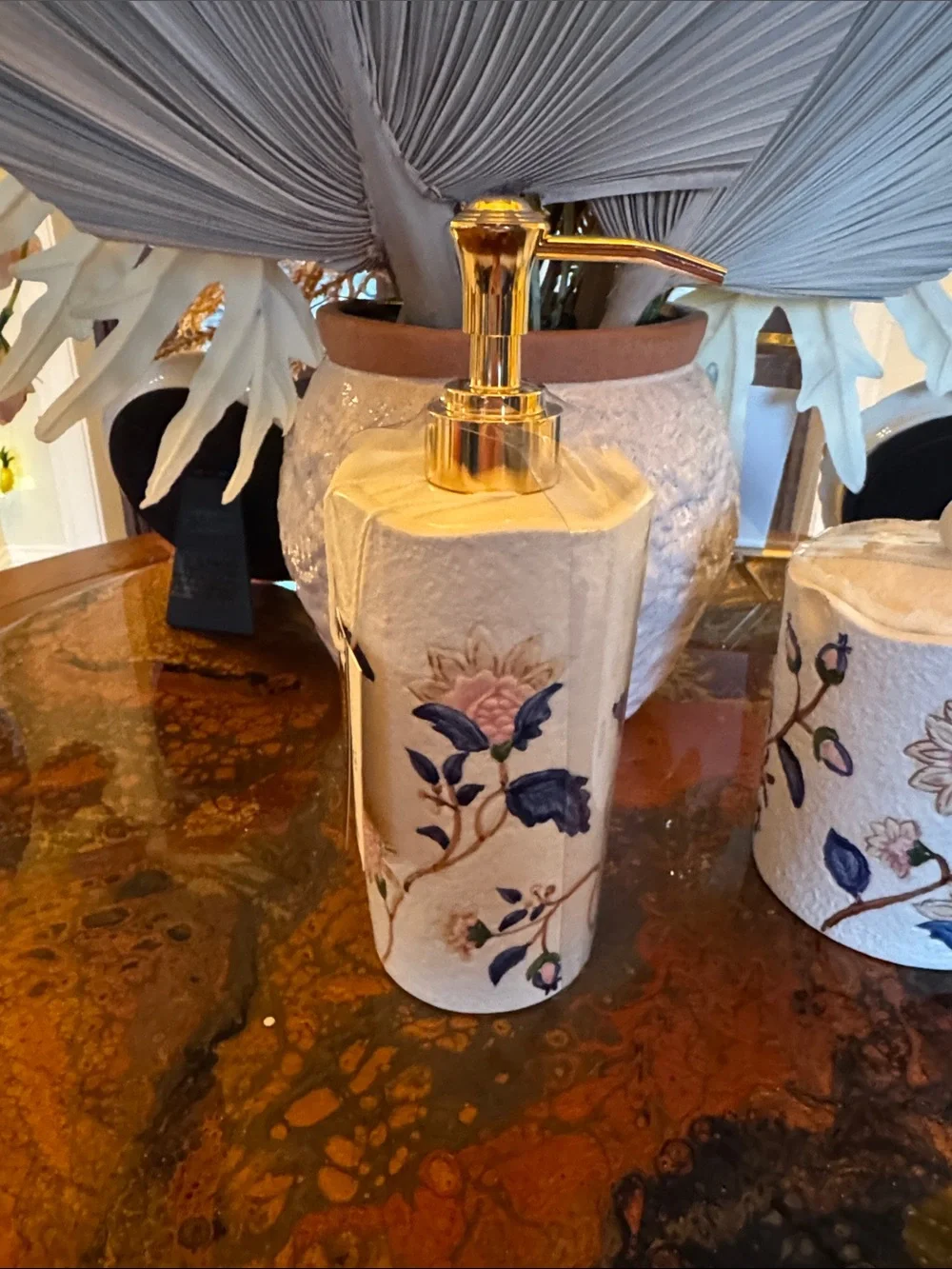 Floral Ceramic Soap Dispenser & Canister Set